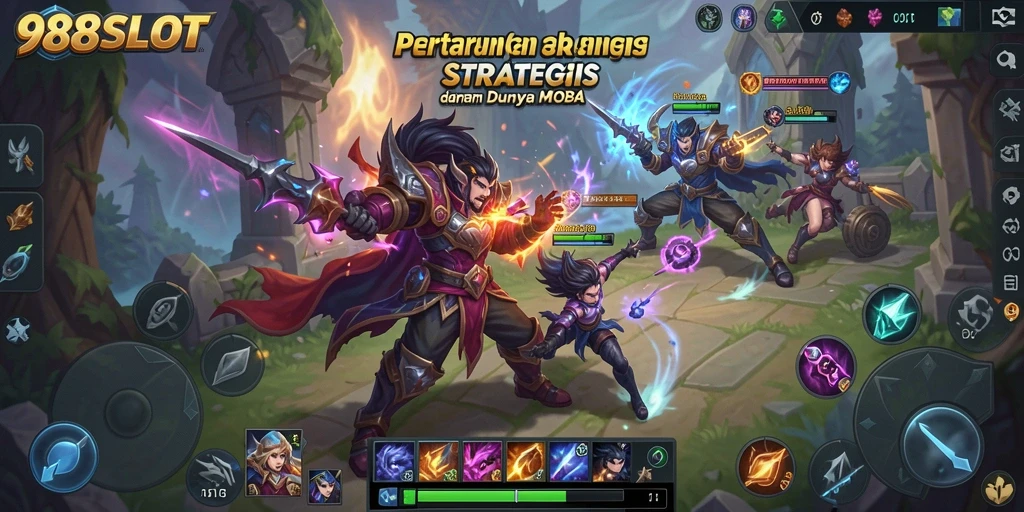 Tangkapan layar gameplay 988SLOT yang menunjukkan pertarungan MOBA yang intens.