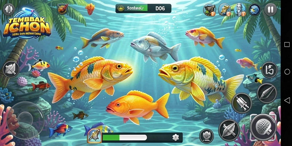 Gameplay D06 menampilkan aksi menembak ikan yang seru dan menarik.